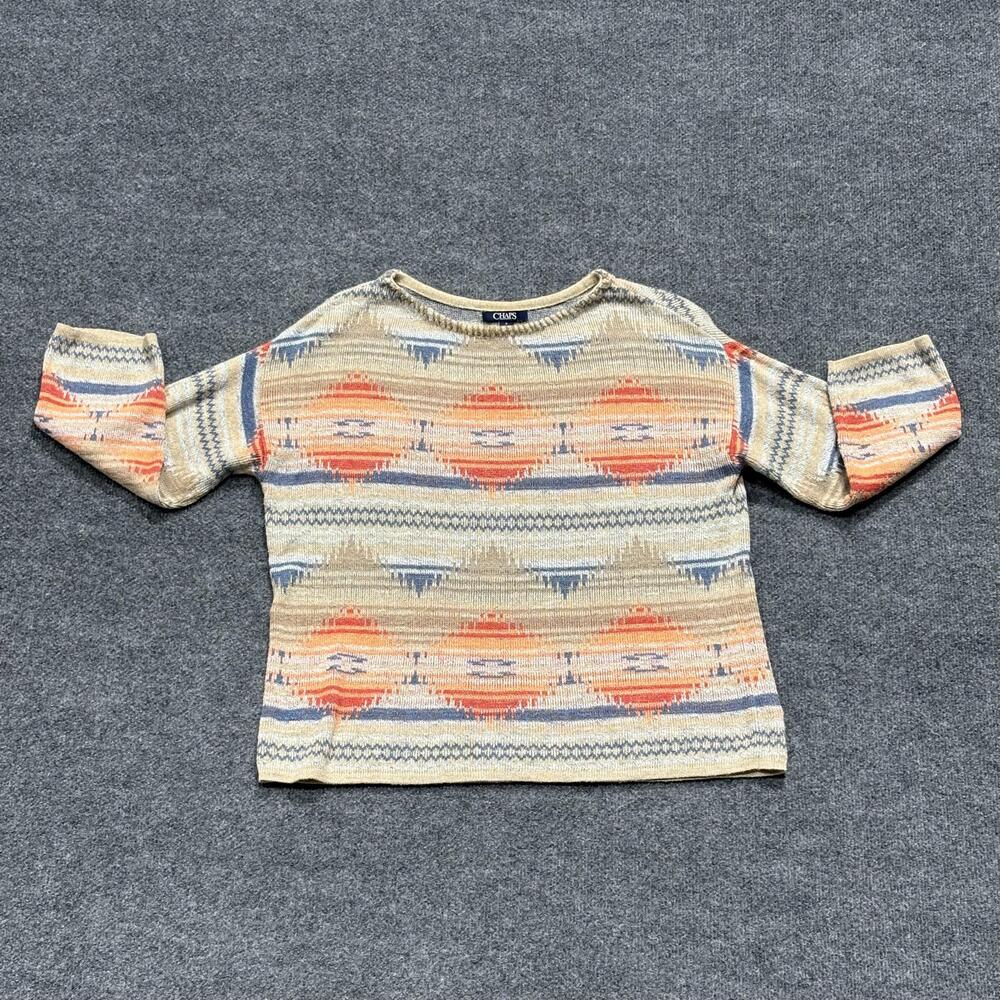 Chaps Sweater Womens Medium Beige Orange Blue Aztec Pattern Pullover Cotton Boho